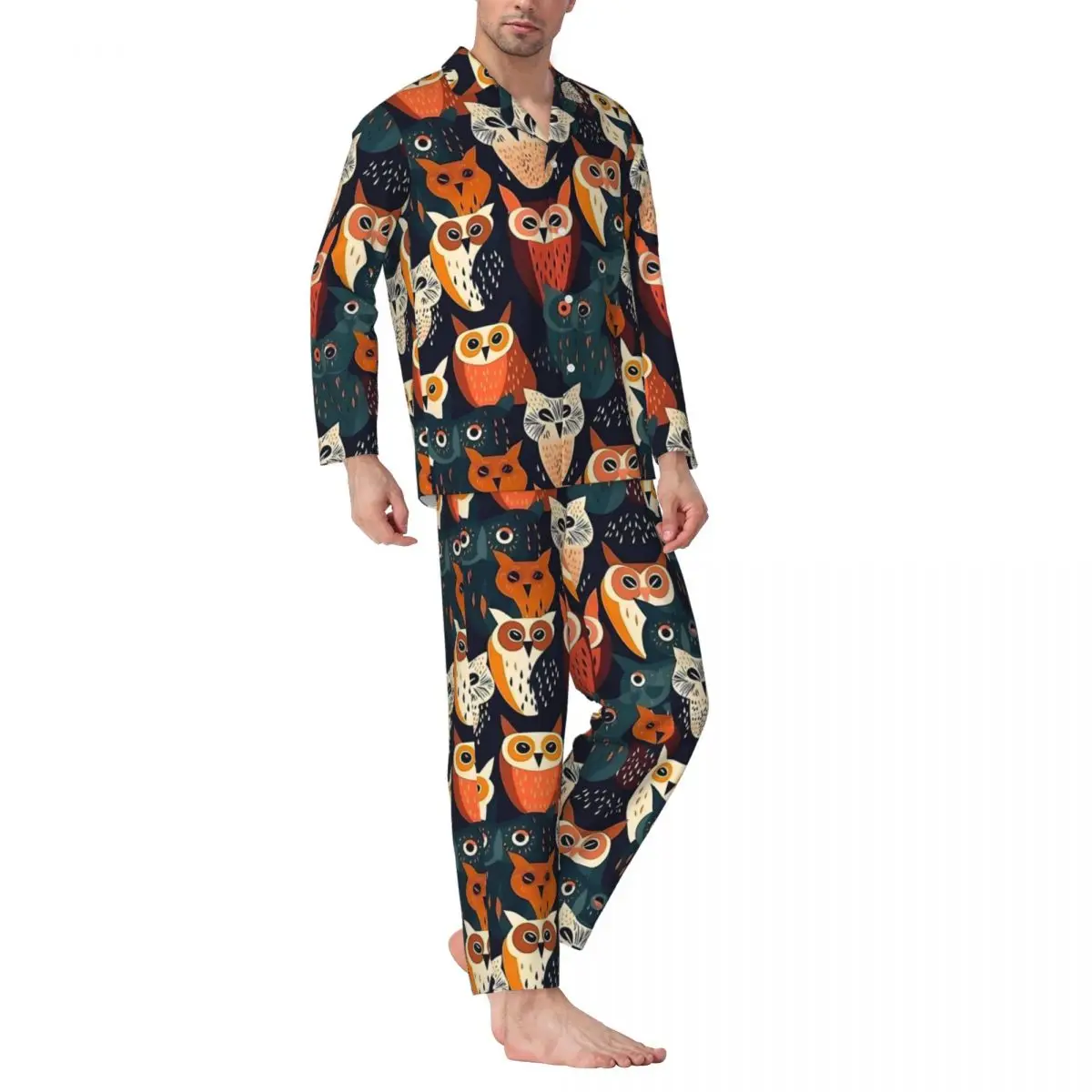 

Artsy Bold Owl Pajamas Male Animal Print Warm Leisure Sleepwear Spring Two Piece Retro Oversized Graphic Pajama Sets