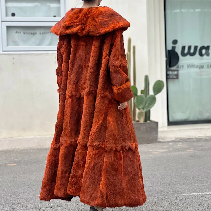 Abrigos de piel de conejo auténtica para mujer, chaquetas largas de piel de conejo Natural, abrigo de lujo para invierno, 2024