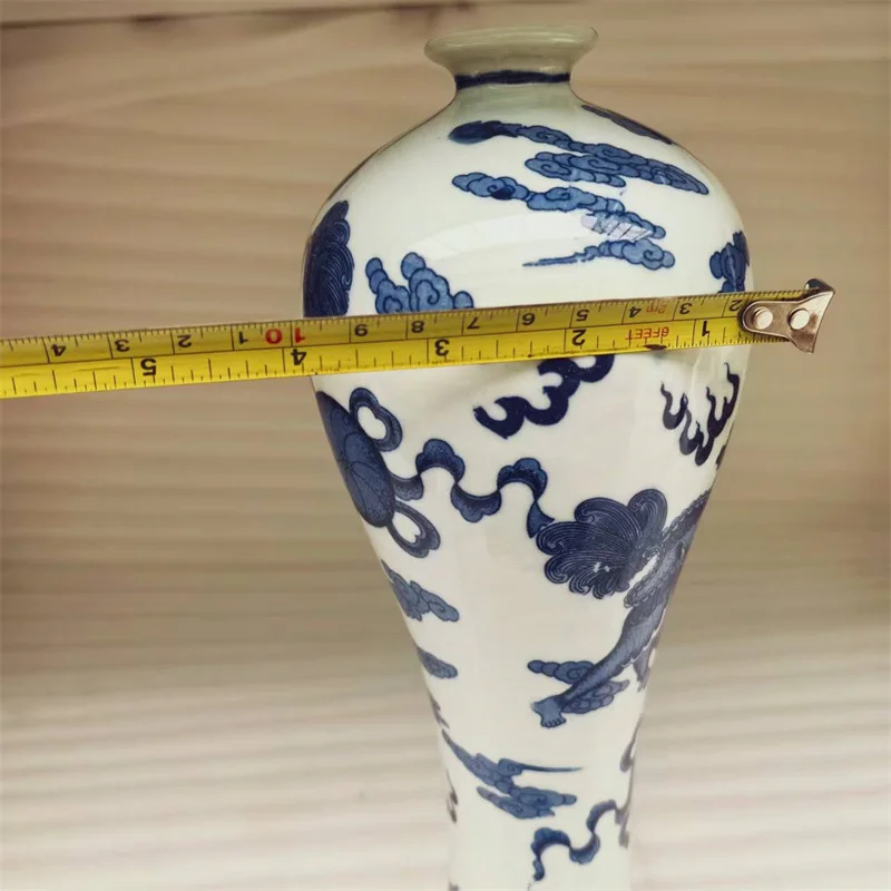 Chinese Old Porcelain collection Vase Blue And White Lion Patterned Plum Design Antique Oriental Home Decor