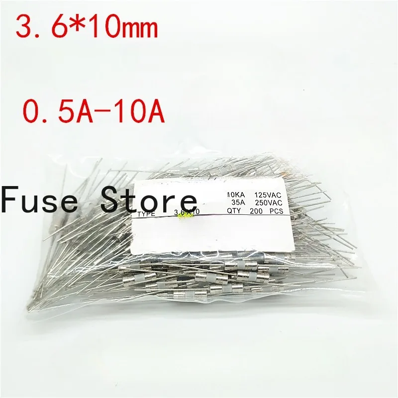 200PCS 3.6*10 Double Cap Ceramic Fuse Tube 0.5A 1A 1.25A 2A 2.5A 3.15A 4A 5A 6.3A 8A 10A 250V With Pin