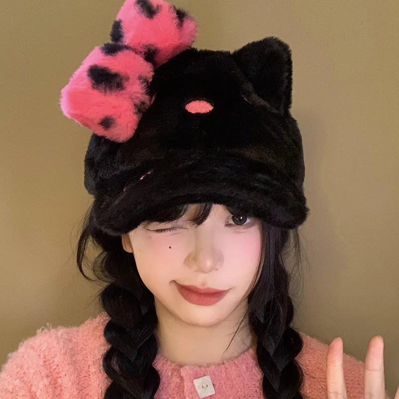 

Hello Kitty, осенне-зимняя бейсболка с рисунком для девочек, милая, но крутая, с леопардовым принтом, плоская кепка с бантом, на флисовой подкладке, сохраняющая тепло, шляпа сестры