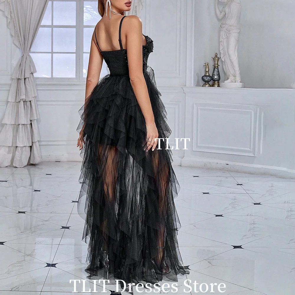 TLIT Sexy Black Sequined Evening Dresses Customized Tiered Tulle Hem Cocktail Dresses Spaghetti Strap Sweetheart Gowns Vestido