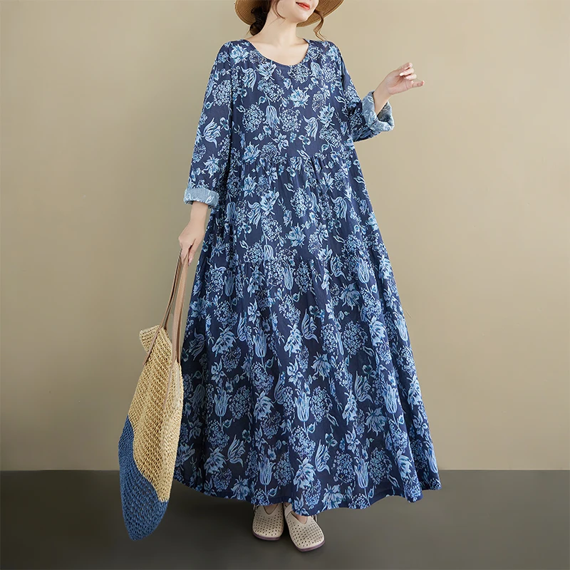 الرجعية كبيرة الحجم المرأة فضفاضة التخسيس طويلة Sve القطن الكتان طباعة خمر ربيع الخريف الدكتور عادية ألف خط ماكسي الدكتور #4