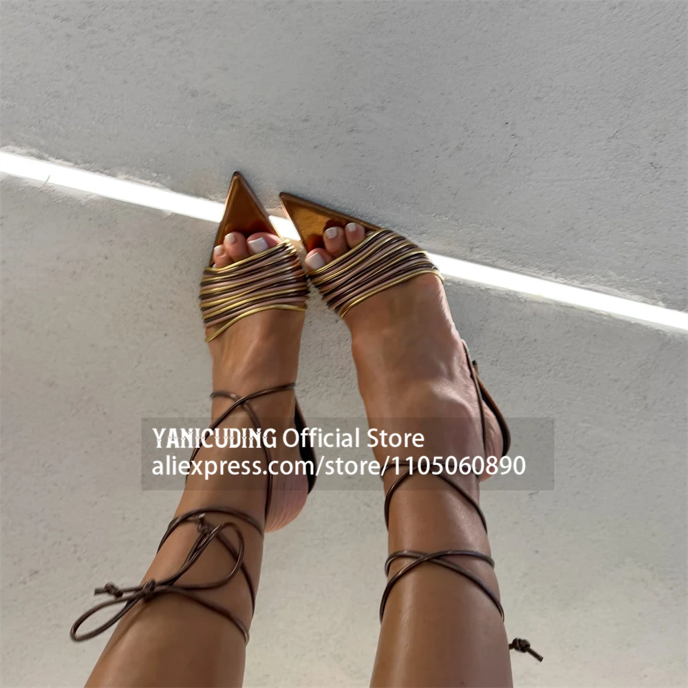 Multi Thin Strap Pointed Stiletto Heel Sandals Metallic Gold Lace up Ankle Tie Summer Shoes Sexy Style Multi Strap Women Sandals