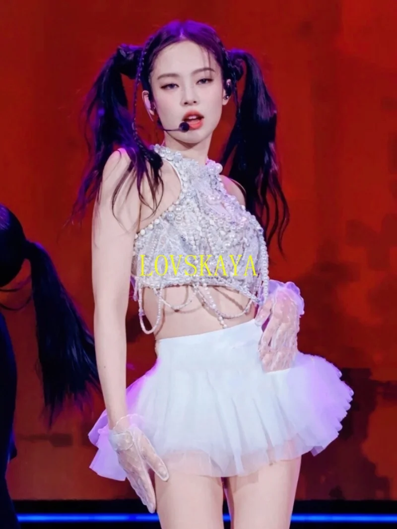 Girl group Jenny Jazz Dance White Pearl Halter Vest Open Navel Top Stage Costume Sexy minigonna Music Festival Costume