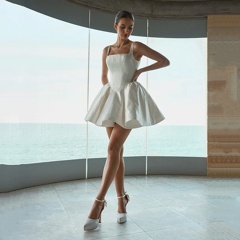 

Eightree Fashion Short White Wedding Dresses Sleeveless Square Collar Bridal Dress Women Evening Wedding Prom Gowns Customized