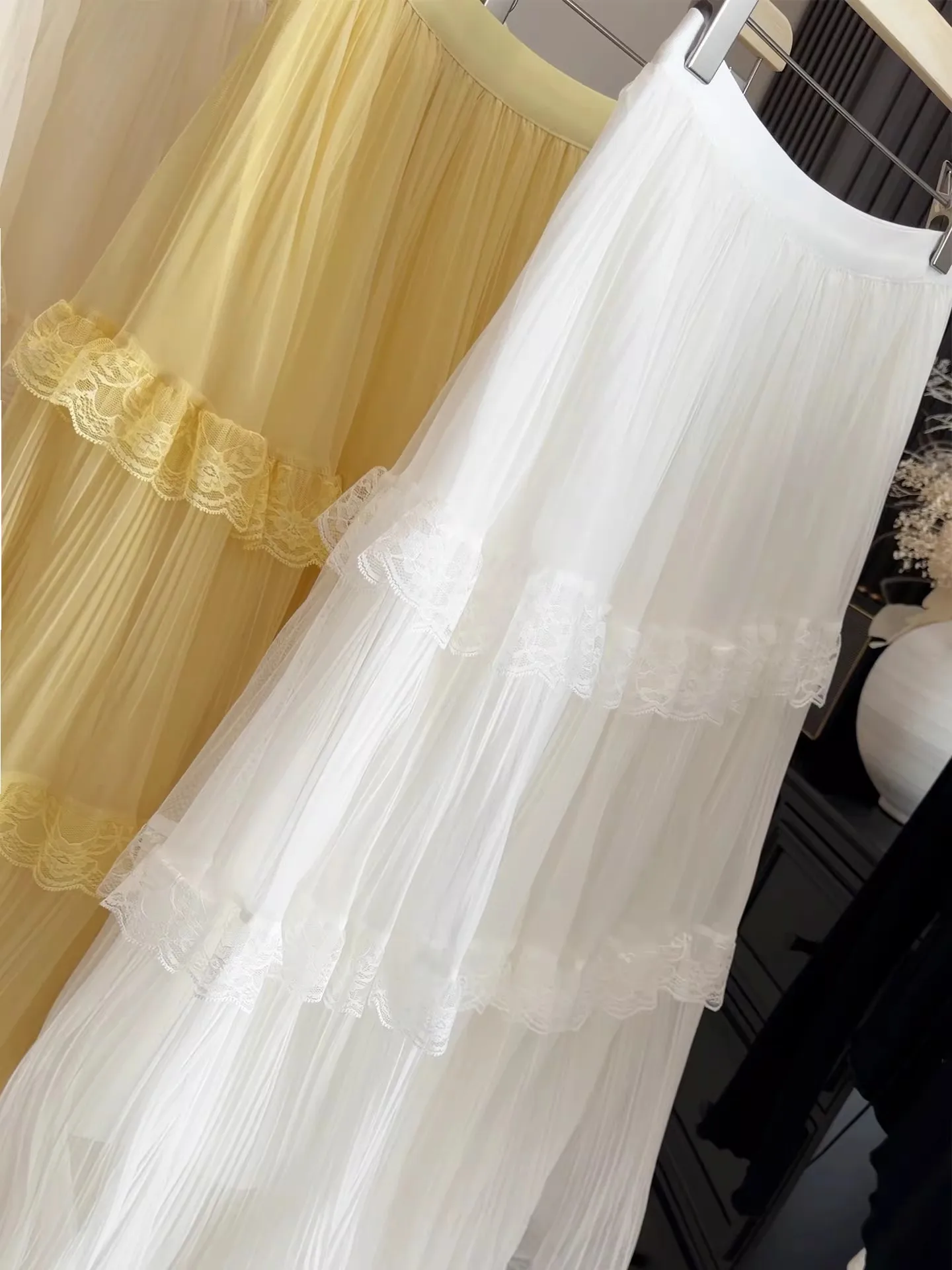 Retro Süßer Weißer Langer Rock für Damen, Lässiger Lockerer Rock mit Hoher Taille, Eleganter Vintage-Rock mit Spitzenbesatz, Koreanischer Sommer-Langrock – Detail 17
