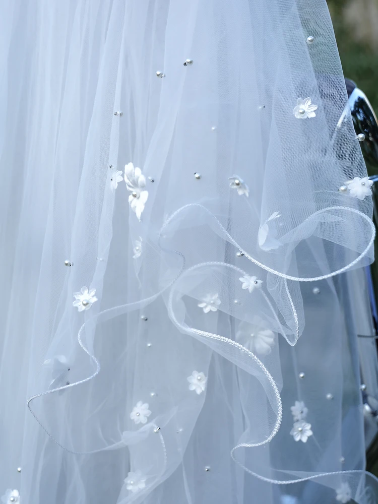 2T 3D Flowers Wedding Veil With Comb Cover Face Pearls Long Bridal Veils