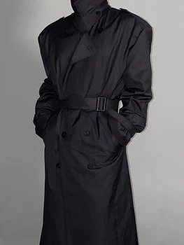 Men's Oversized Black Belted Trench Coat 6 Mauroicardi Spring Autumn Cool Long Black Oversized Trench Coat Men Belt Double Breasted Loose Casual Windproof Outerwear 2022 6