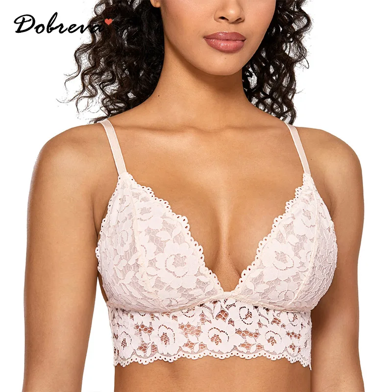 

DOBREVA Women's Floral Lace Bralette Padded Sexy Deep V Plunge Wireless Plus Size Longline Bra for A to D Cups