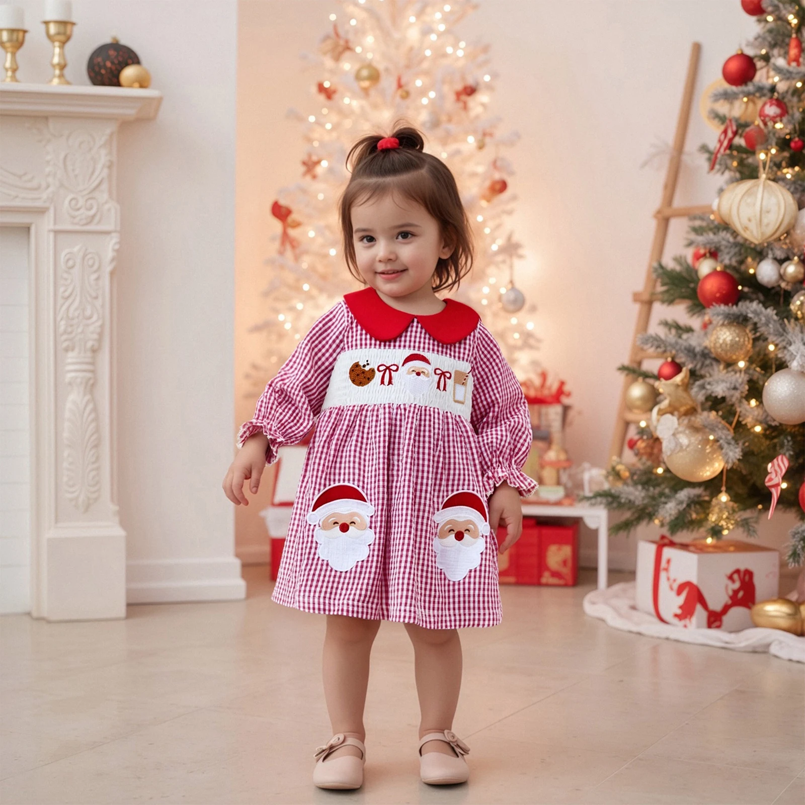 FOCUSNORM 0-5Y فستان جميل للفتيات الصغيرات لعيد الميلاد بياقة دمية سانتا مطرز منقوشة مطبوعة بأكمام طويلة فستان بأكمام فقاعية #3