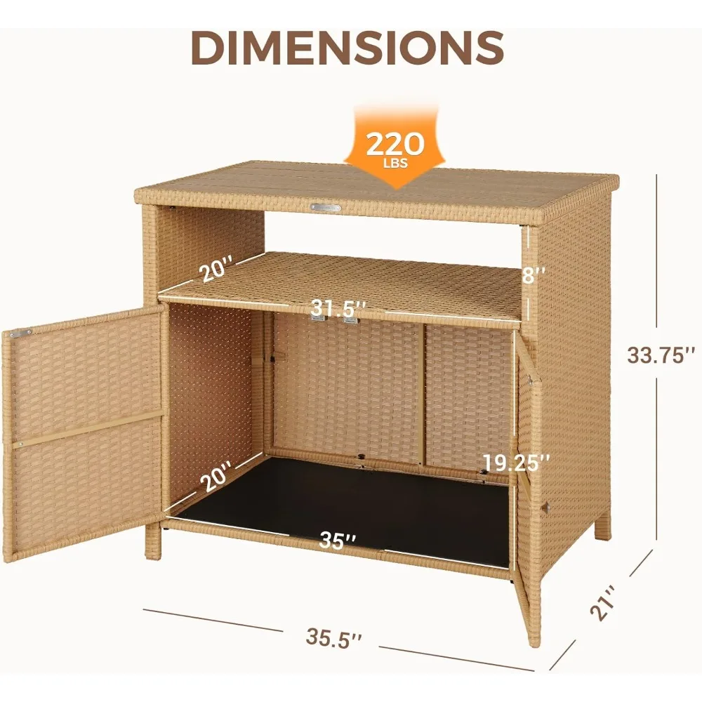 خزانة تخزين خارجية مع سطح من خشب الجوز وخزانة بوفيه من الخيزران المقاومة للطقس وخزانة جانبية من الخيزران ببابين لفناء الحديقة