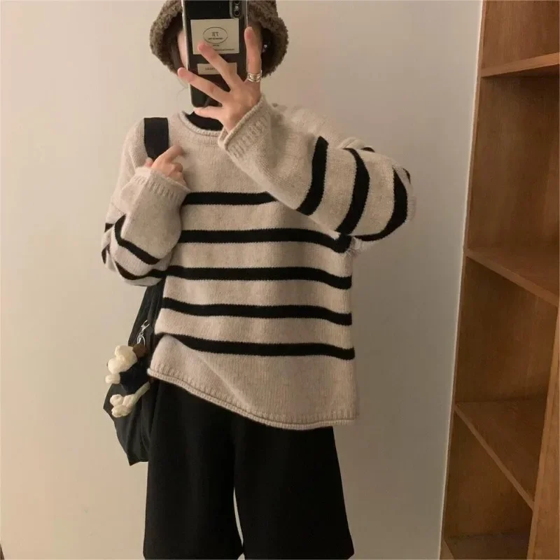 

Korean Winter Stripe Sweater Women Streetwear Loose Pullover Jumper Tops Harajuku Female Long Sleeve Knit Sweaters Y2k Clothing