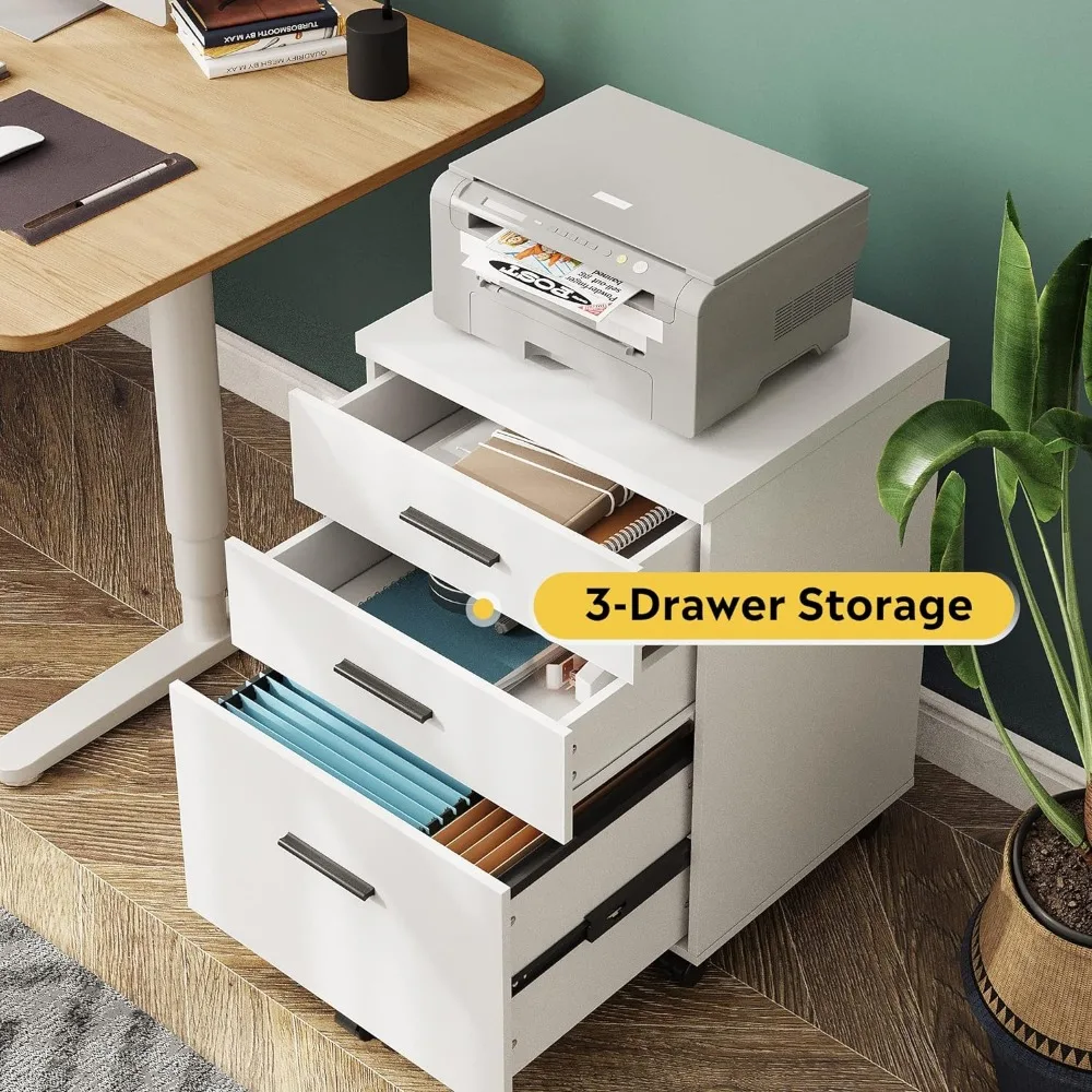 DEVAISE 3 Drawer File Cabinet for Home Office, Wood Under Desk Filing Cabinet, Rolling Printer Stand with Wheels, White