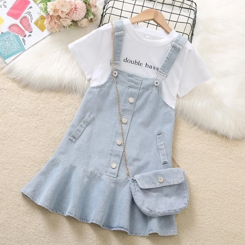 

4-12 Years Girls Clothing Sets Summer Suspender Dress Little Princess Suit Fashion Straps Denim Overalls Send Bag Birthday Gift