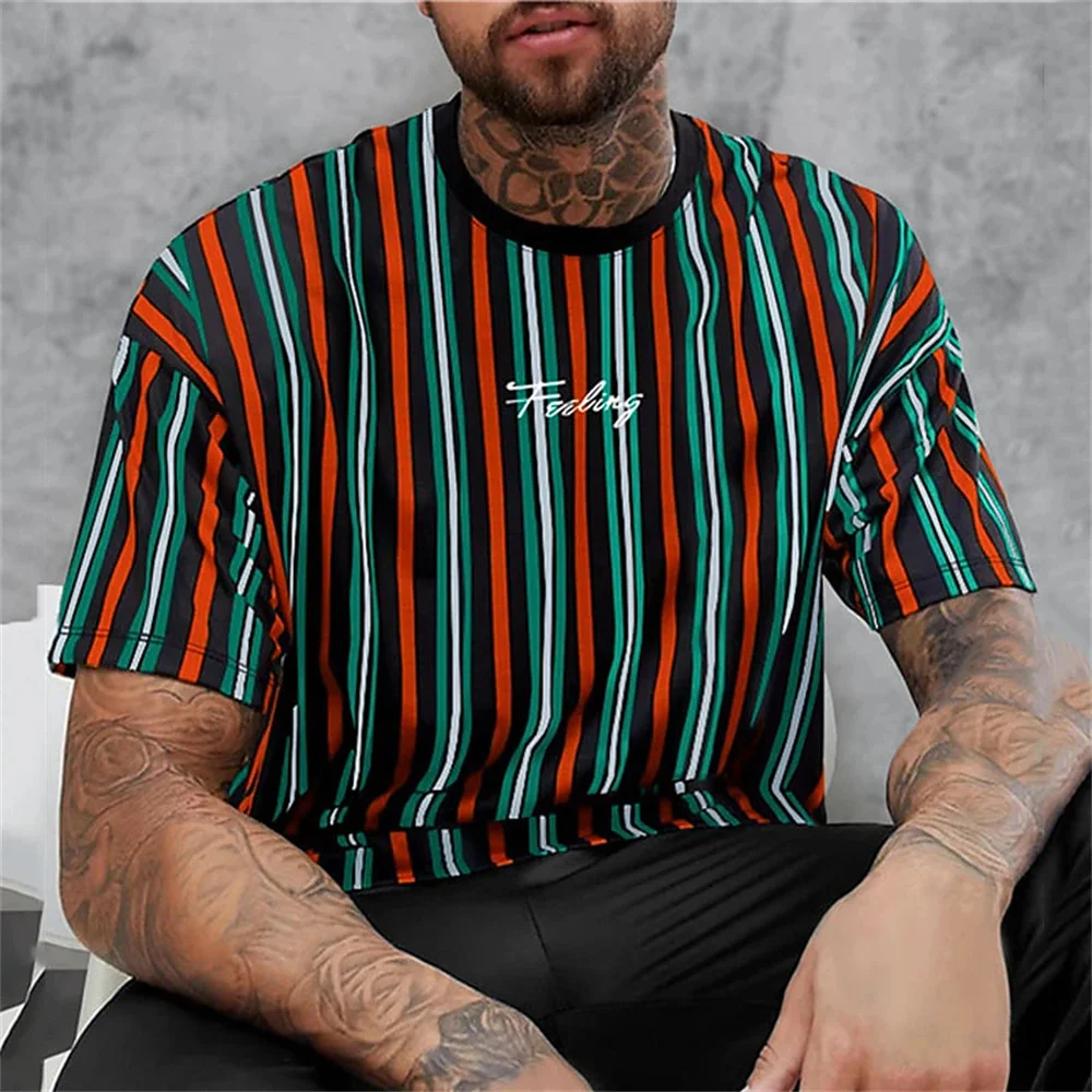 Striped T-Shirt For Men Letters 3d Printed Men\'S Clothing Loose Oversized-Shirt Street Trend Short Sleeved Daily Casual Tees Top