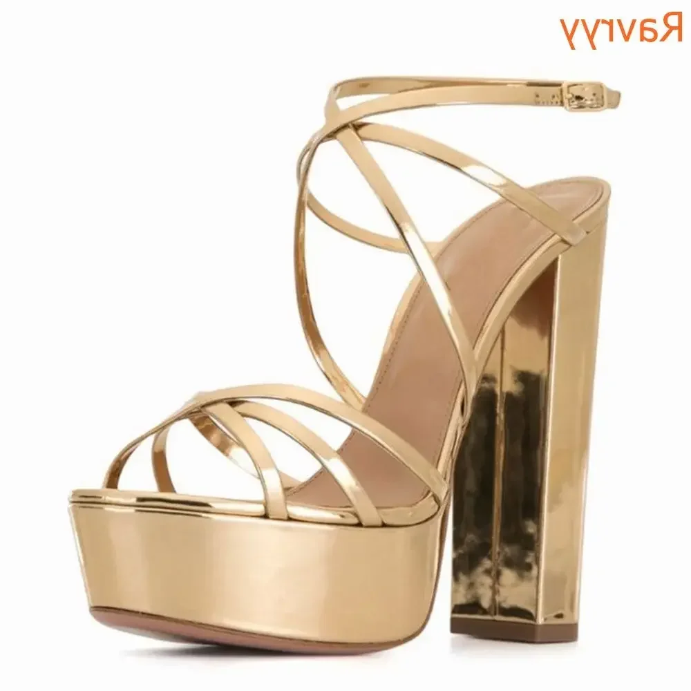 Gold Heel Platfrom Sandals Square Heel Ankle Buckle Cross Tied Thin Strap Women Summer Sandals Open Toe Shoes High Quality