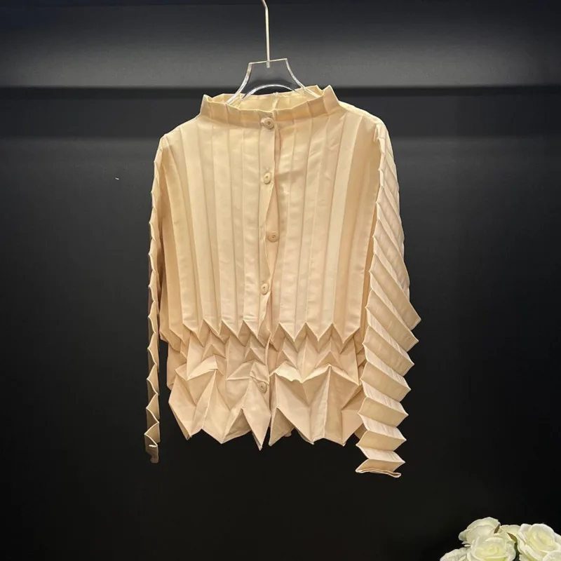 YFPF Miyake Pleated Design Shirt Women Fashion Folds Long Sleeve Button Solid Color Blouse Casual 2025 New Clothing 3A422