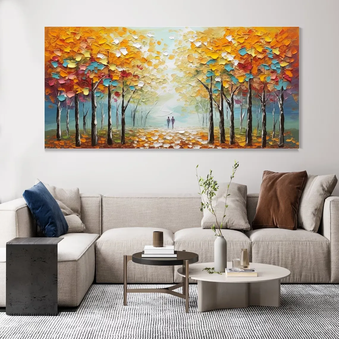 Contemporary Abstract Texture Oil Painting on Canvas Autumn Yellow Leaves Art Landscape Decorative Picture for Living Room