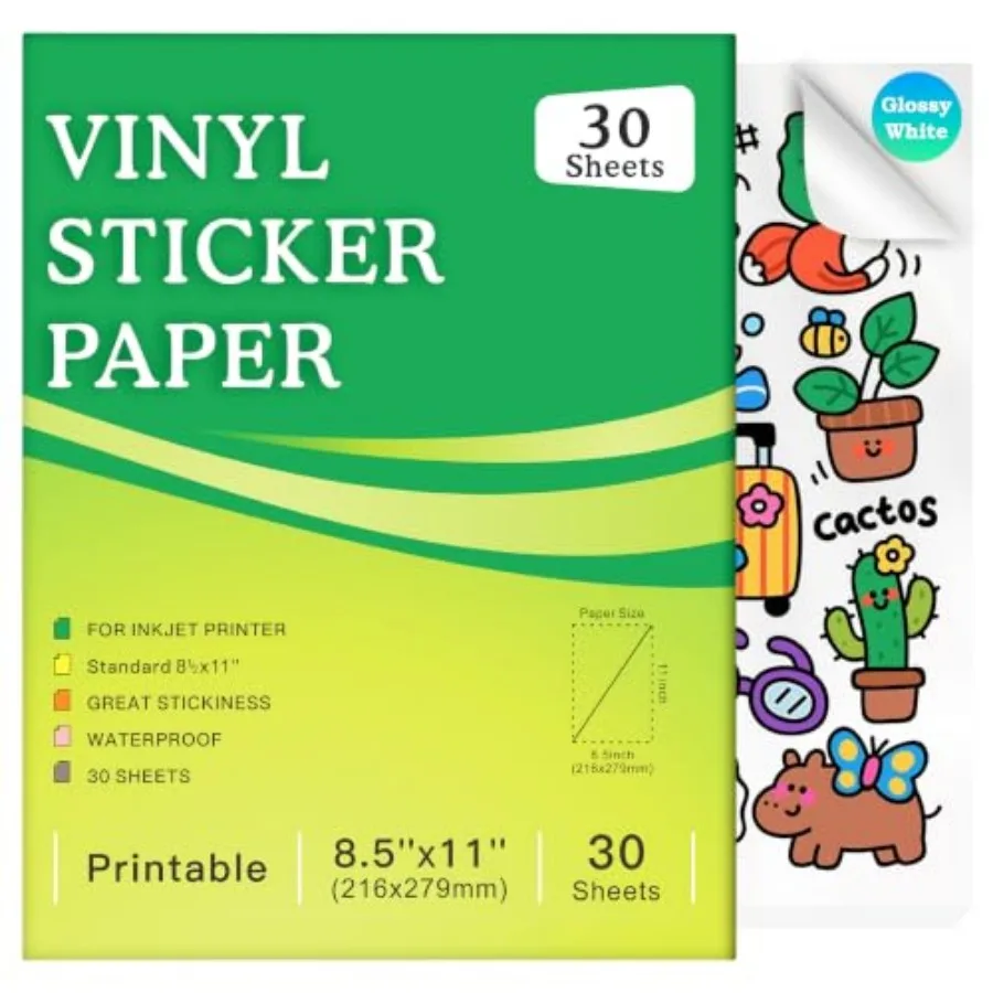 30-Sheet Glossy White Printable Vinyl Sticker Paper, 8.5x11, Inkjet Glossy White Waterproof, Dries Quickly, Vivid Colors, Tear-