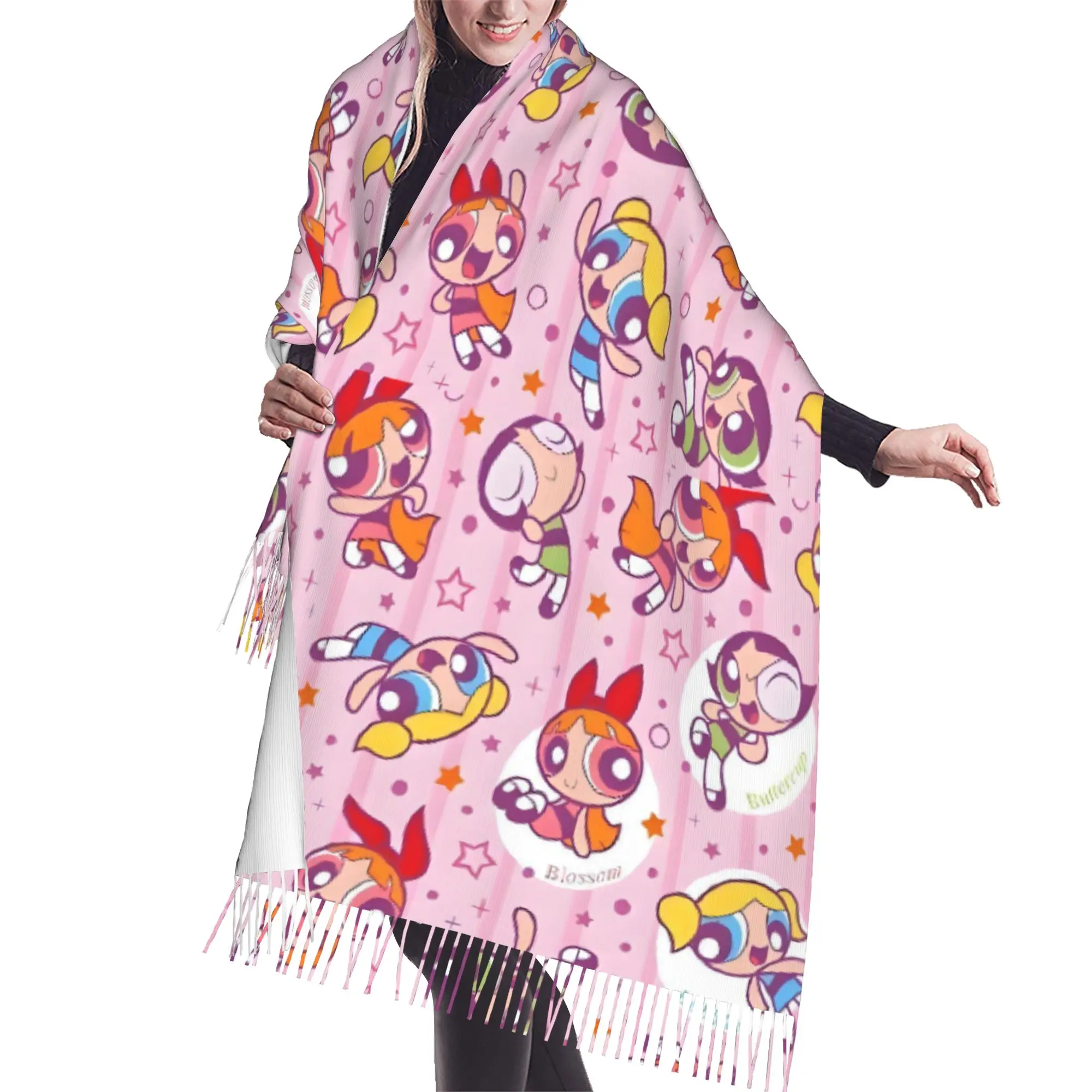 Custom Ladies Large Poweres Anime Puffes Scarves Women Winter Fall Soft Warm Tassel Shawl Wrap Blossom Bunny Scarf