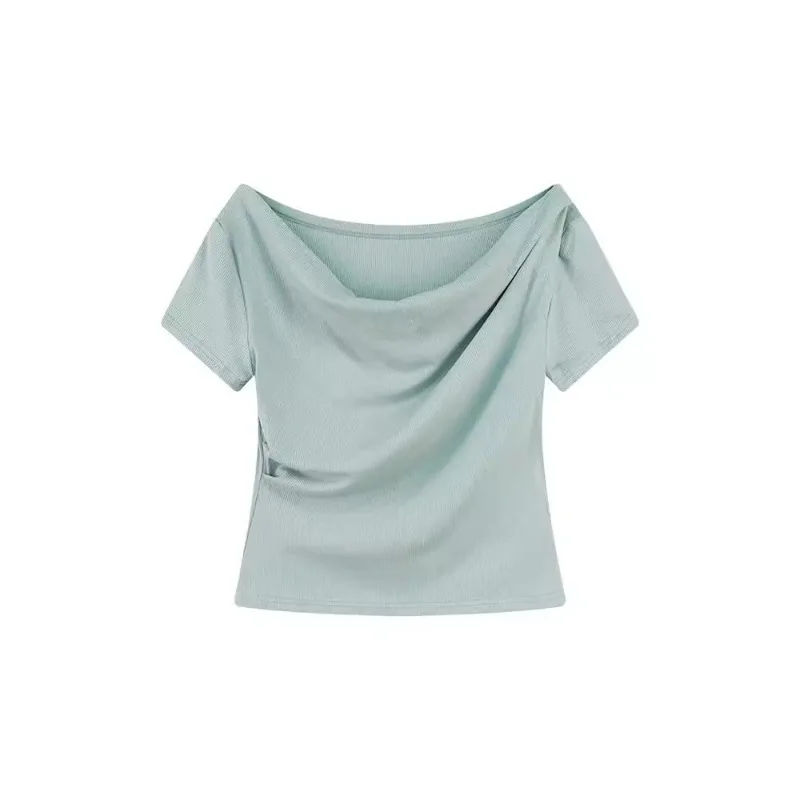 

High end One shoulder Swinging Collar Waist T-shirt for Women's Summer Tight Short sleeved Top