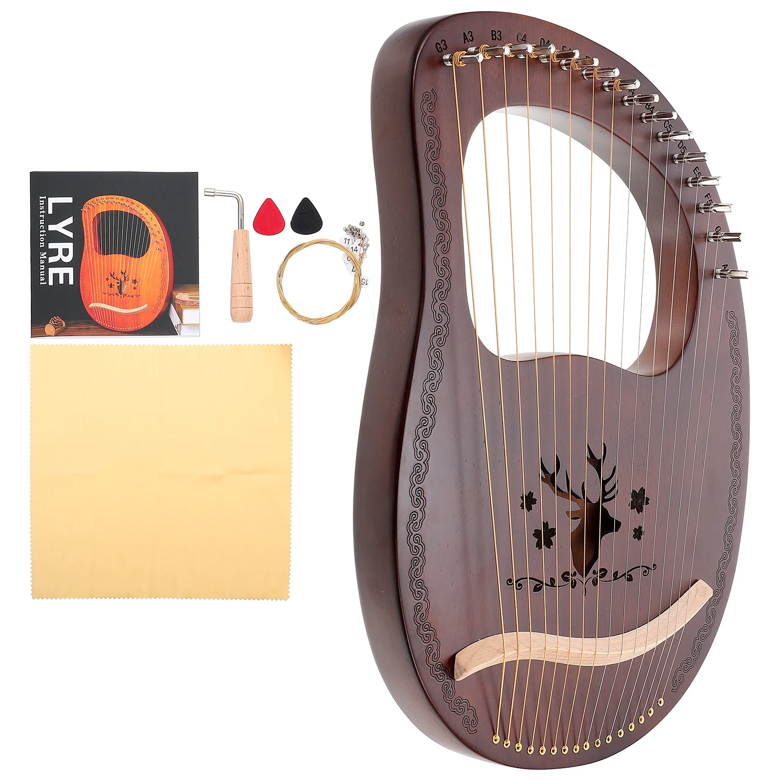 

16-Tone Wood Lyre Ancient Style String Instrument Tuning Wrench Included Smooth Edges Durable Wooden Lyre Harp Holiday Gift