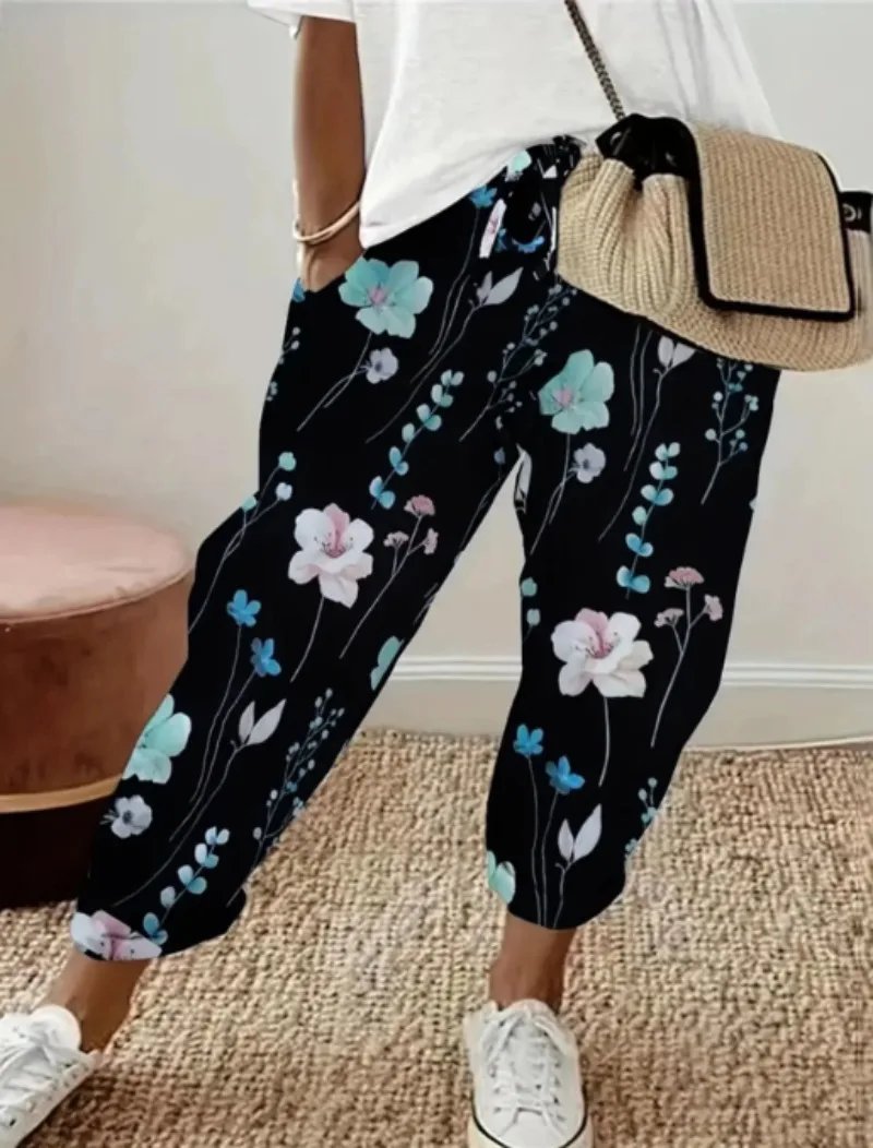 حجم كبير 1XL-5XL المرأة أزياء مطبوعة زهرة مريحة فضفاضة جيب السراويل السيدات عارضة منتصف الخصر هارين السراويل #5