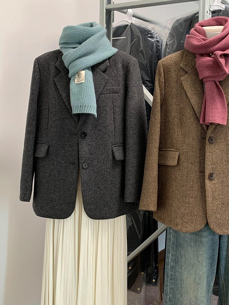 

Ретро-корейский женский шерстяной костюм: свободный пиджак с длинными рукавами для осени и зимы, модный, универсальный, деловой, повседневный топ