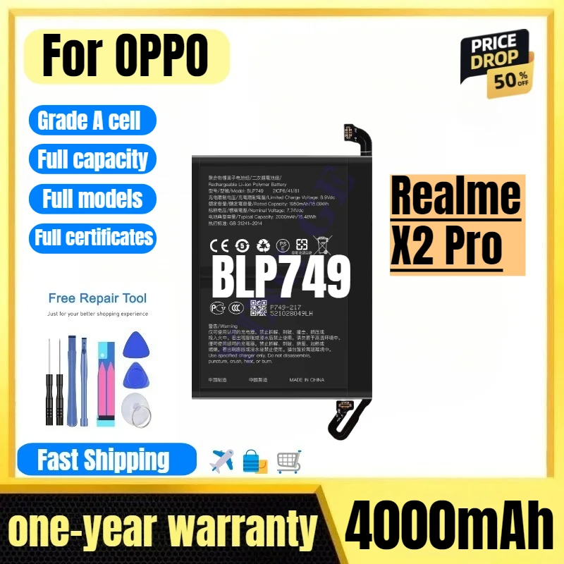 

Аккумулятор BLP749 для мобильного телефона OPPO Realme X2 Pro, высококачественный, большой емкости, сменный, класс А, с инструментом для замены.