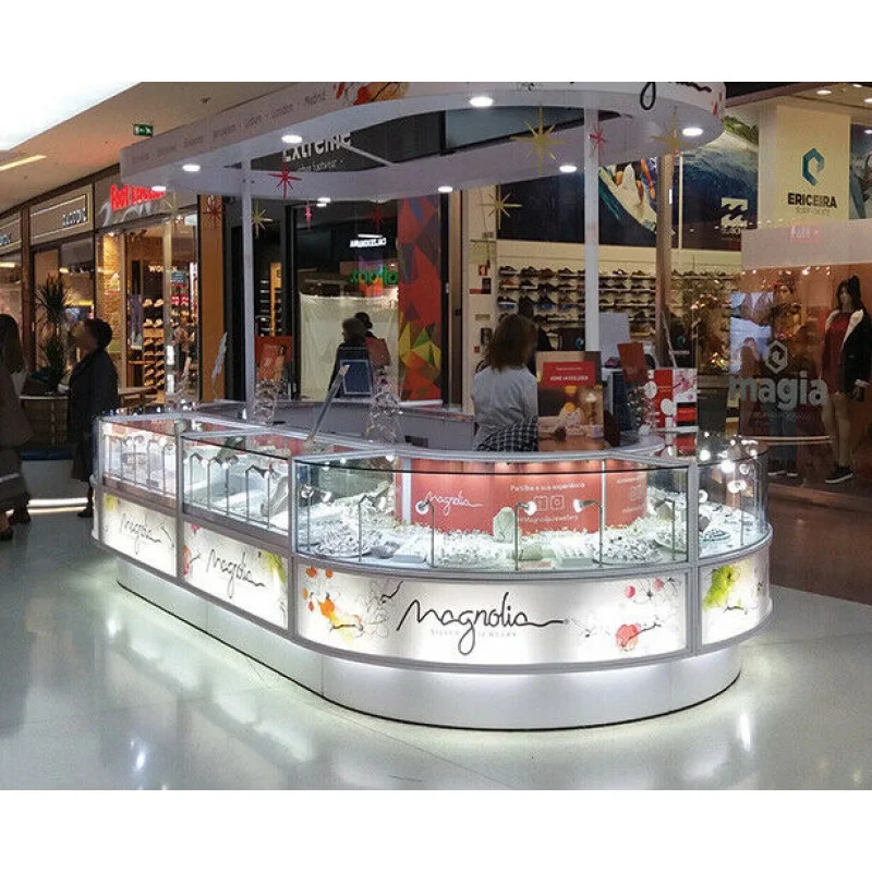 custom，Boutique Jewelry Display Counter with LED Light Wooden Jewelry Kiosk Island  Modern Mall Kiosk Design for Jewelry