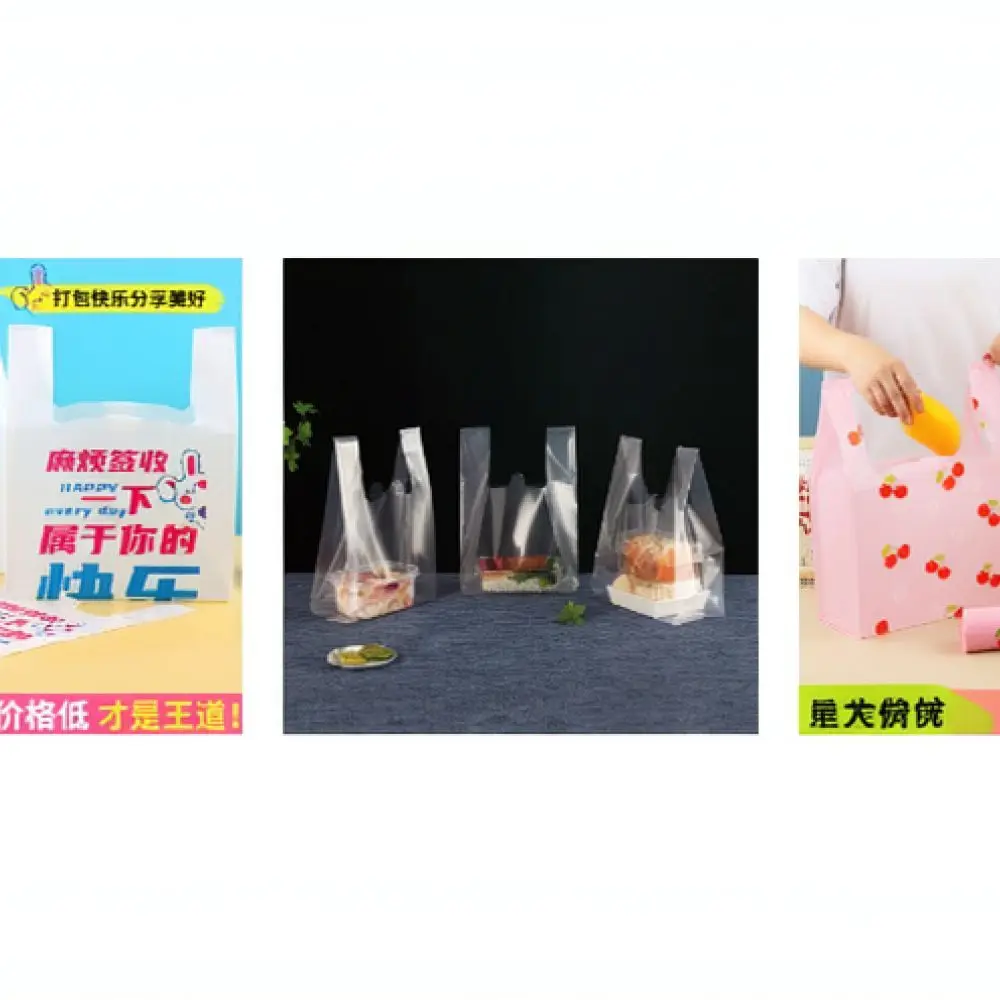 Eco Friendly Plastic Packaging Bags For Takeaway Food Delivery Bakery Dessert Sushi Shop Heavy Duty Handle Carry Tote