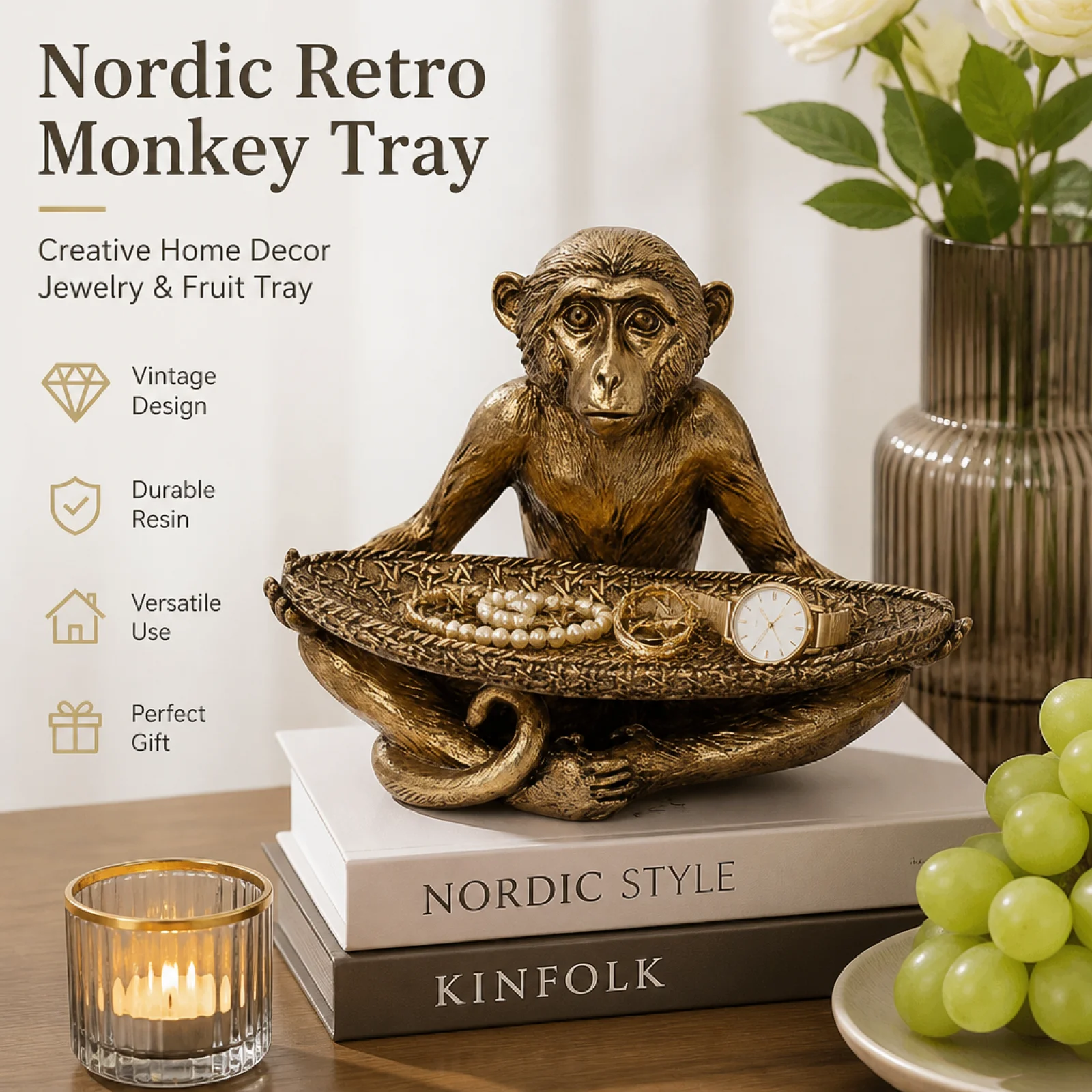 Shiny Simian Ornament Tray Nordic Monkey Jewelry Tray Tabletop Decoration Home Decor for Dining Table, Hotel Reception, Living R