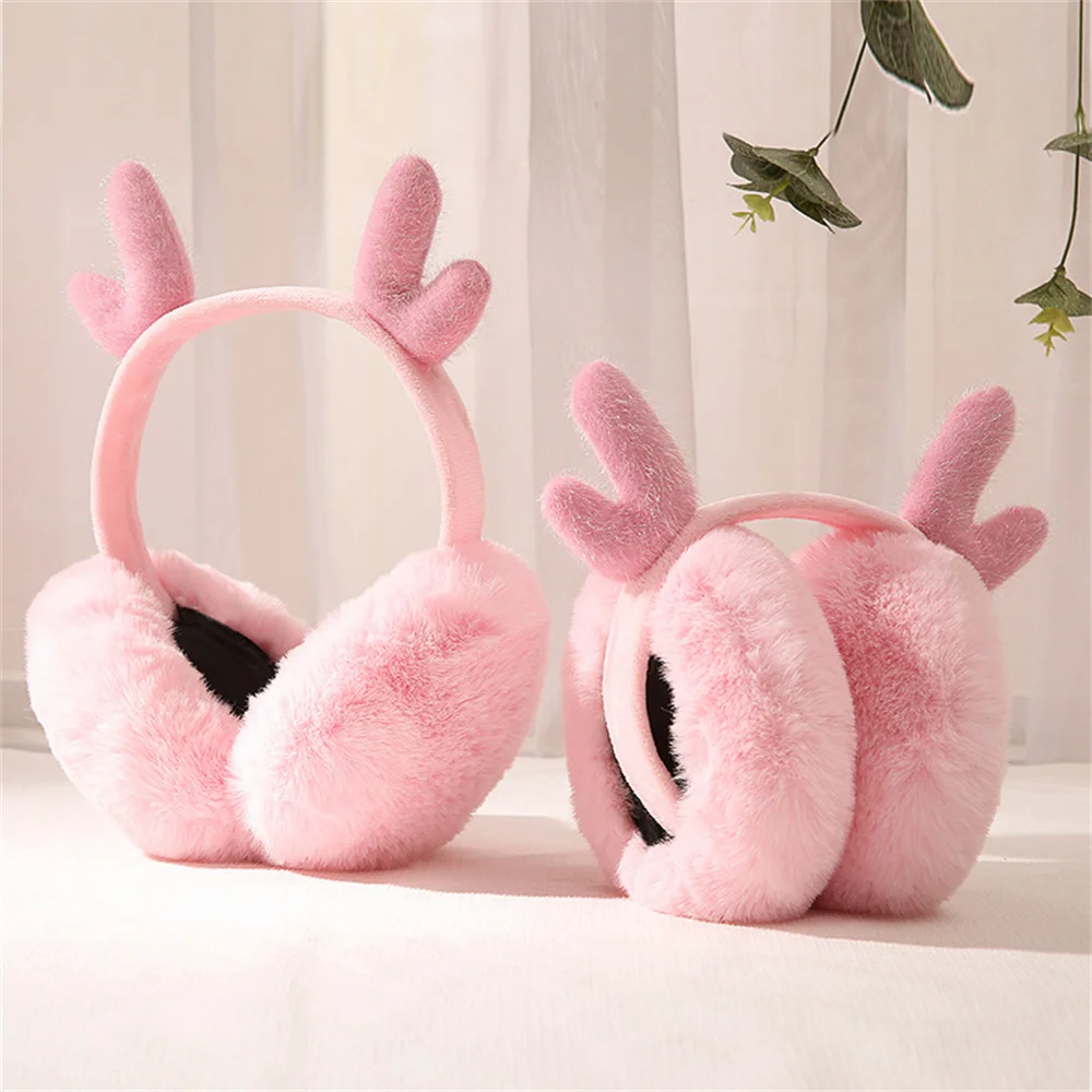 

Soft Plush Ear Warmer Christmas Antlers Winter Earmuffs for Women Solid Color Earflap Outdoor Cold Protection Ear-Muff Ear Cover