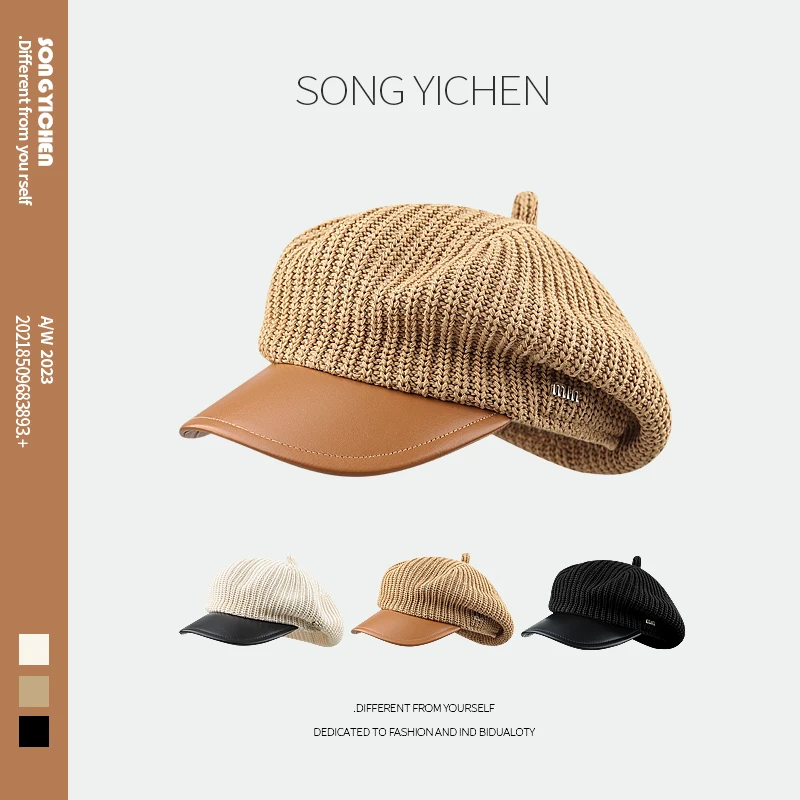 Korean Design Splicing Berets for Women and Men Spring and Autumn Retro Japanese Big Head Knitted Face-showing Small Newsboy Hat