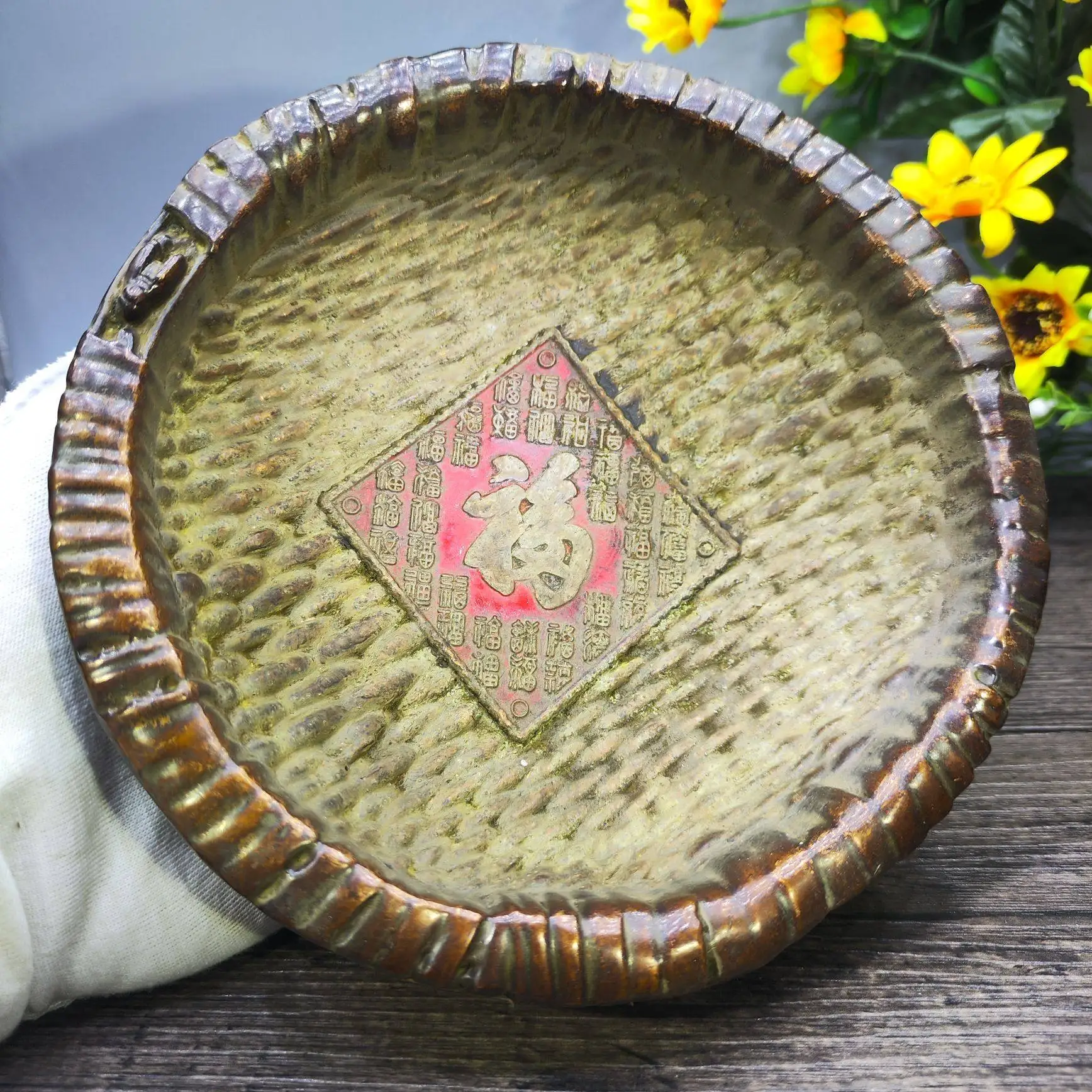Vintage Brass Fortune Dustpan Decor Chinese Lucky Character Wealth Gathering Feng Shui Ornament Home Table Decor Crafts