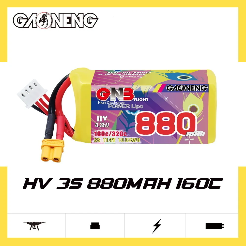 Bateria lipo gnb 3s 11.4v, 2 peças, 880mah 160c/320c ministar com plugue xt30 para rc fpv drone quadcopter helicóptero peças de avião