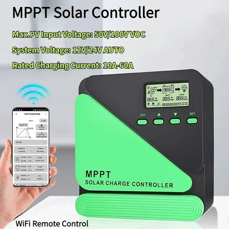 

12 В 24 В автоматический MPPT контроллер заряда солнечной панели Wi-Fi регулятор солнечной панели 60A 50A 40A 30A 20A 10A двойной USB контроллер ЖК-дисплея