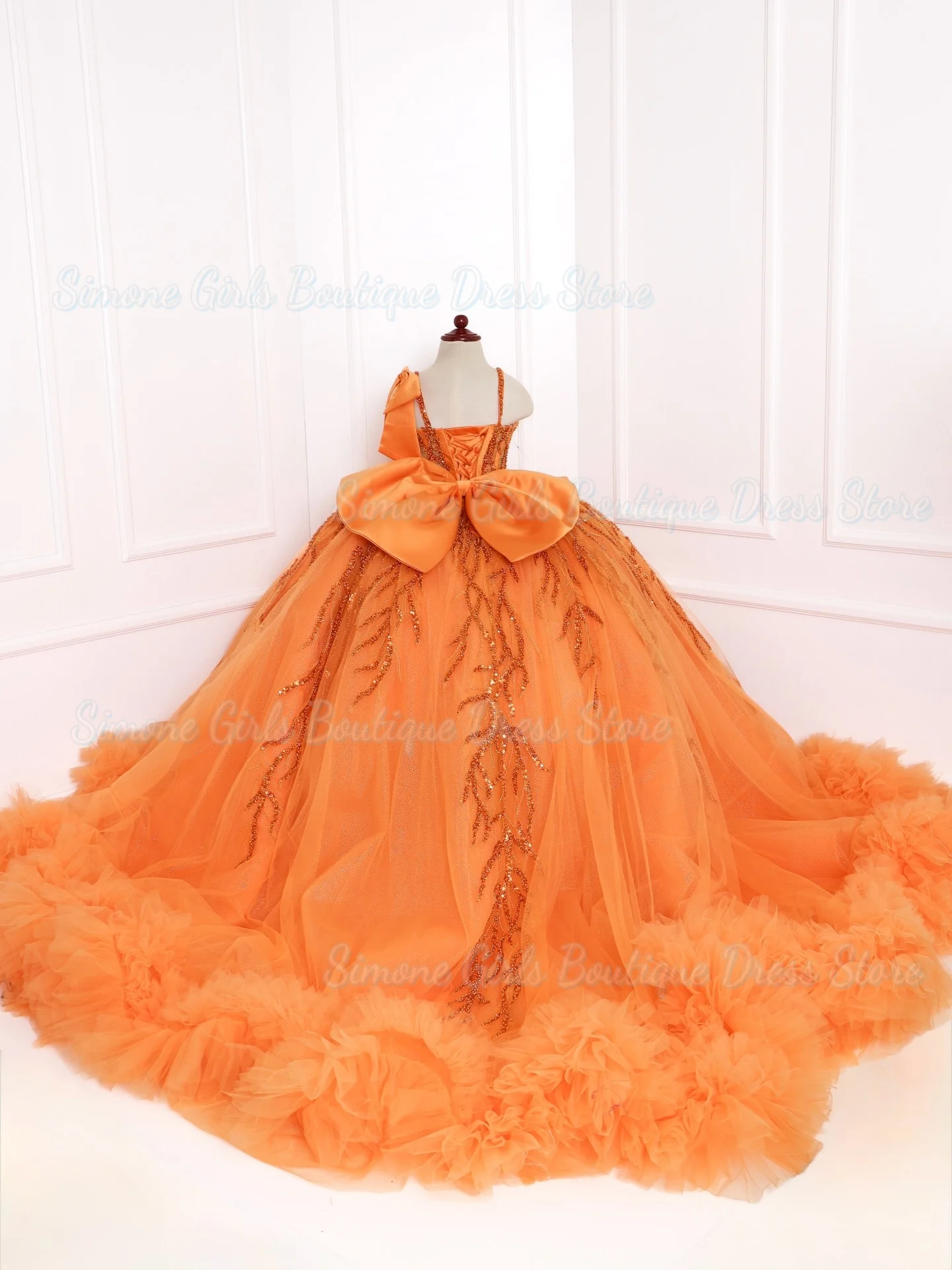Customized Orange Flower Girl Dress For Wedding Tulle Puffy Applique Princess Kids Birthday Party First Communion Ball Gowns