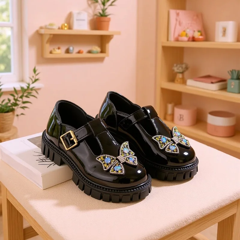 

Kids'Casual Shoes Round toe shoes Bow PU Leather Shoes Spring Shoes For Girls Anti-slip Thick Bottom Black Shoes Size 28-38