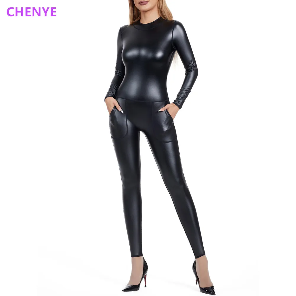 Women Bodysuit Skinny Shapewear Sexy Jumpsuit Women's Body Shaper Back Zip Stretch Leather Slim jumpsuit with Pockets Party Club