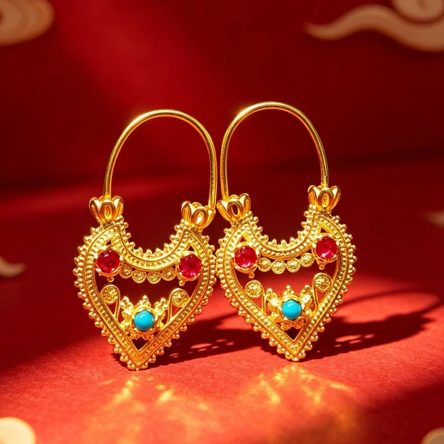 Women turquoise earrings crafted of AU999 24K pure gold, mild natural turquoise inlaid gold ornaments for ladies matching