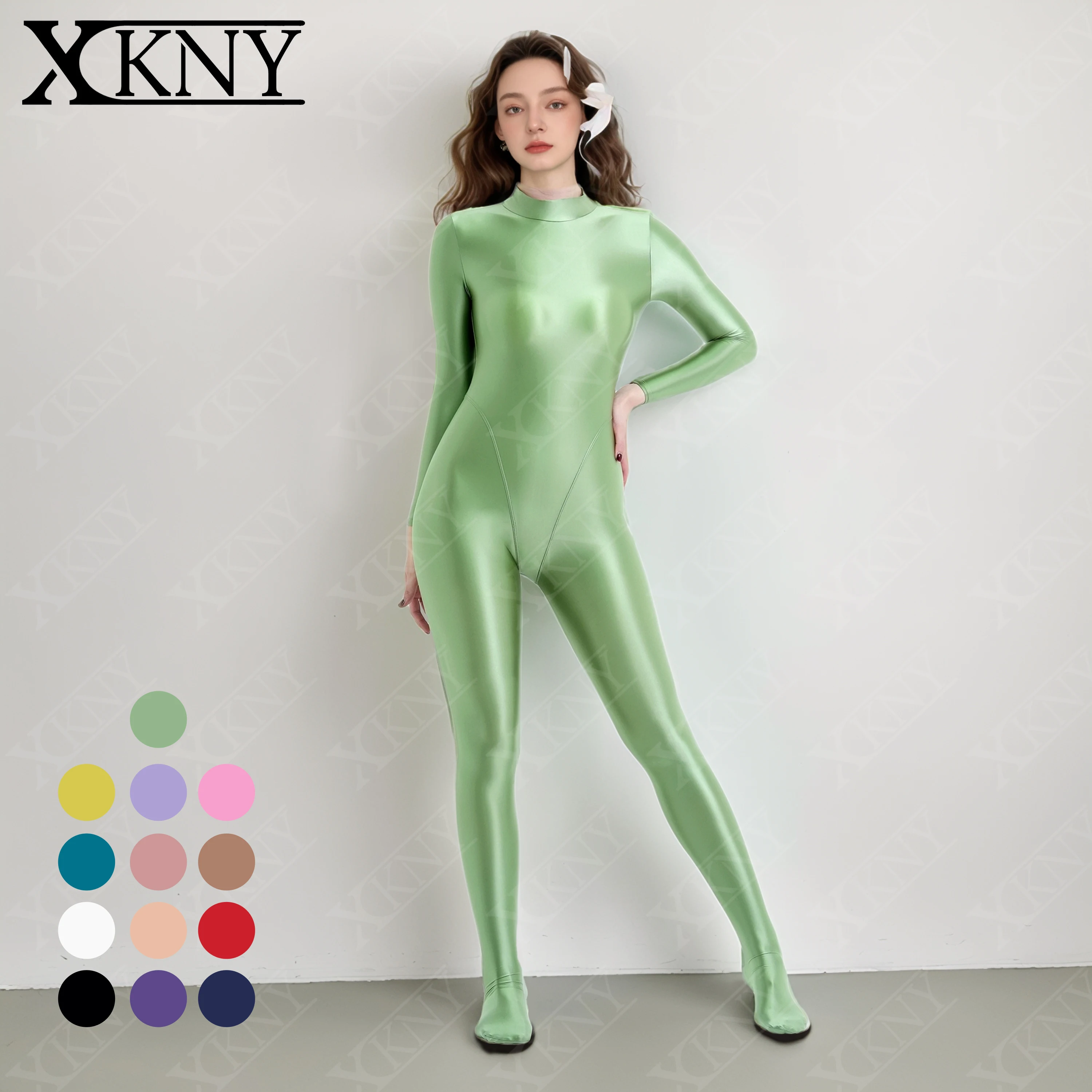 XCKNY glossiness series bodysuit satin glossy Oil High Neck zipper Long Sleeve Full body V-crotch jumpsuit Silk leotard