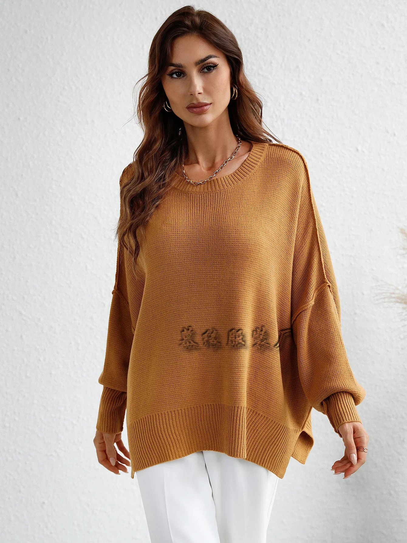 Frauen Strick pullover Rundhals ausschnitt lose Langarm Strick pullover elegante solide Outwear Pullover Spleiß Herbst Winter 2024