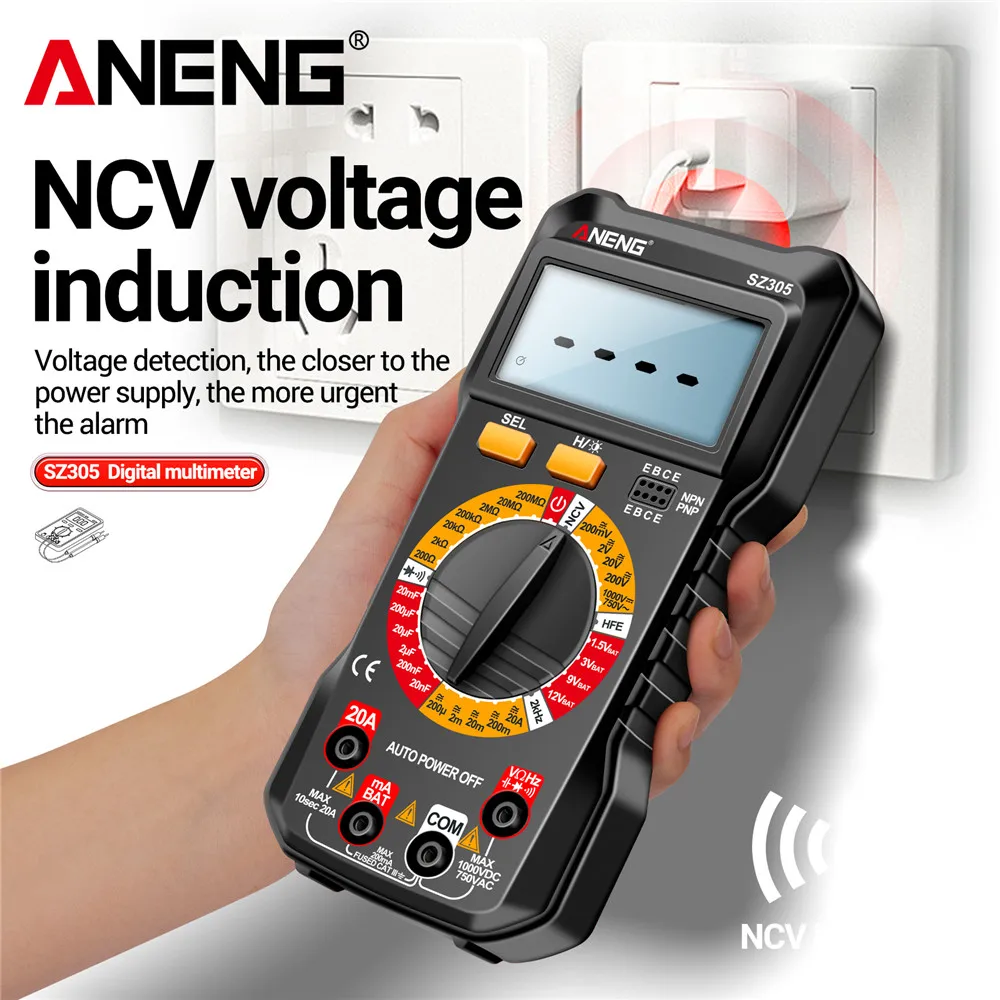 ANENG SZ305 متعددة الوظائف المقاومة hFE الصمام الثلاثي الجرس اختبار رقمي متعدد التيار المتناوب/تيار مستمر الجهد الحالي السعة NCV التعريفي