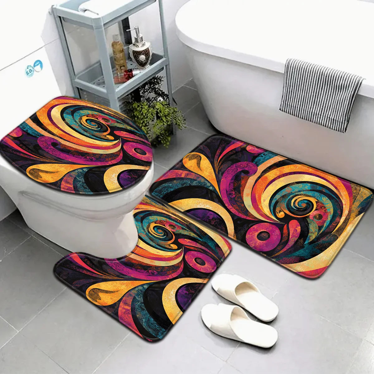 

3pcs Vibrant Retro Swirl Colorful Abstract Design Bathroom Mat Set - Soft Flannel, Non-Slip Machine Washable, Includes Toilet Li