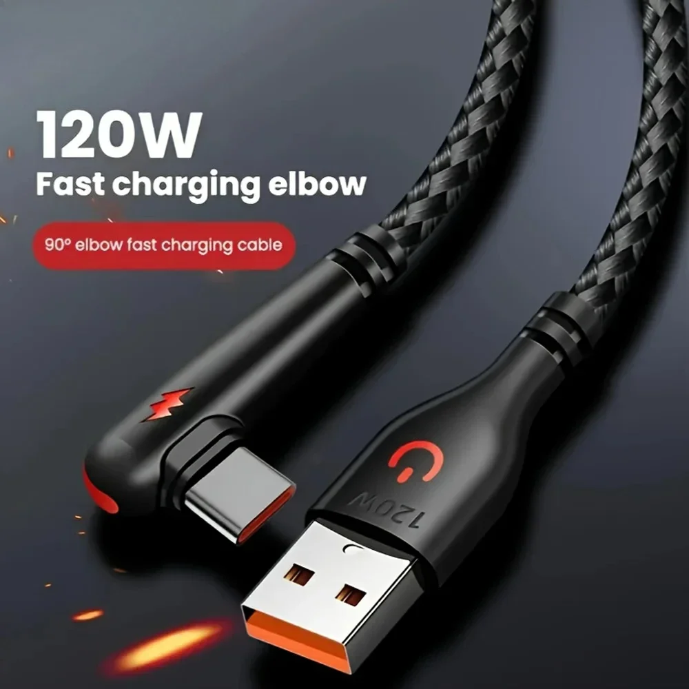 1-3PCS 120W High Speed Charging Cable Nylon Braided USB To Type C with 90 Degree Bend Design for Huawei OPPO Samsung Phones
