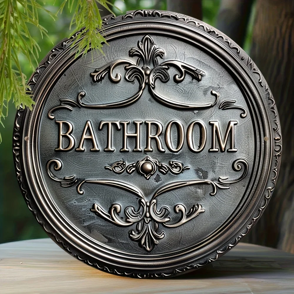 Vintage Style Bathroom Decorative Sign, 1 pc 2D Round Metal Plaque Classic Wall Hanging Design Multi-purpose Decoration for Door