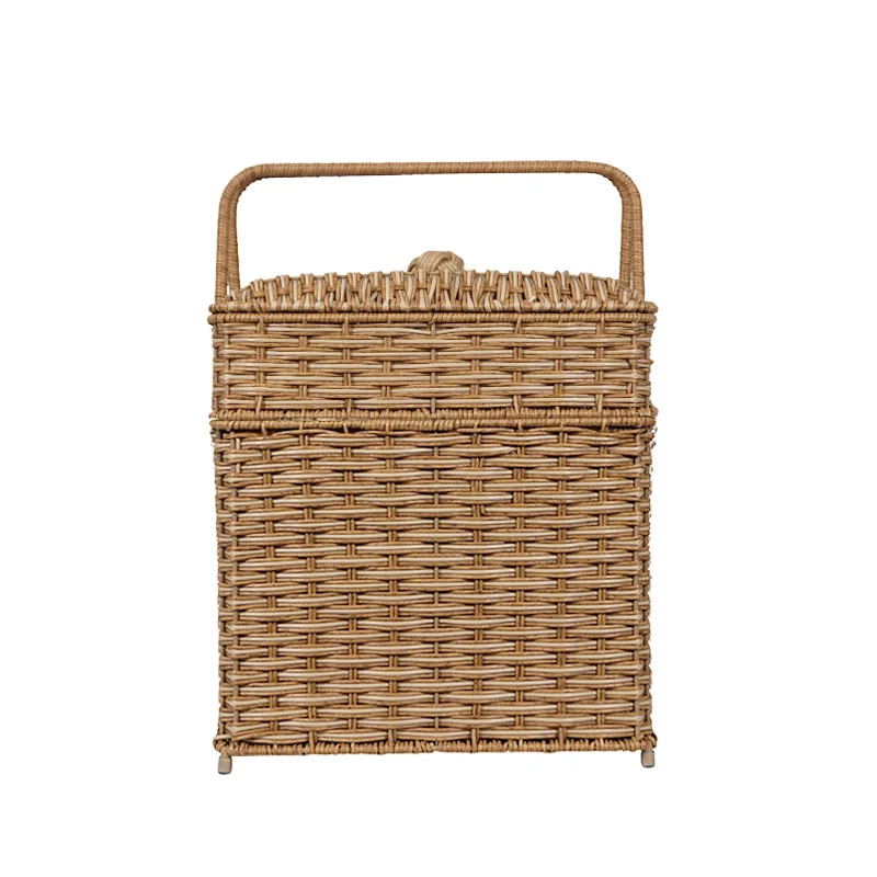 Outdoor Camping Imitation Rattan Woven Vegetable Basket Hand-held Double-layer Woven Grid Box With Cover Pp And Carbon Steel Bin