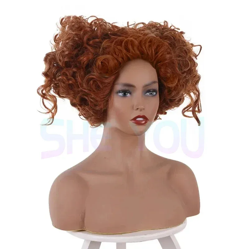 Hocus Pocus 2 كوسبلاي Winifred Sanderson على شكل قلب برتقالي مجعد شعر مستعار للهالوين كرنفال كوس الدعائم yi؛ 4